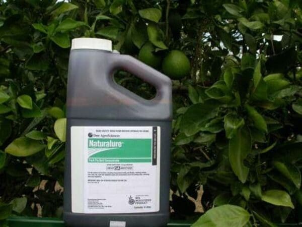 Naturalyte insect control bottle with handle in front of green foliage and unripe fruit.