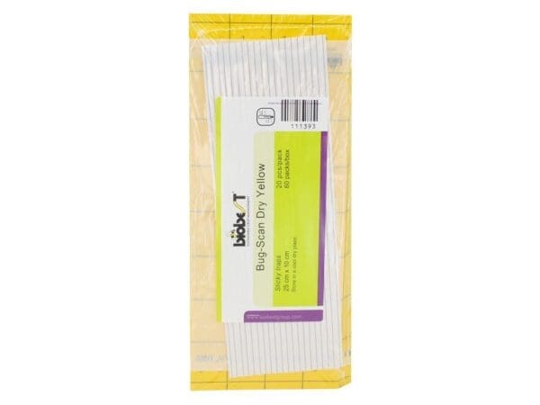 Biobest Bug-Scan Dry Yellow sticky traps package for insect monitoring, 200 pieces, 25x10cm each.