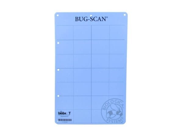 Blue grid-patterned Bug-Scan card by Biobest and Biologica Systems for insect monitoring.