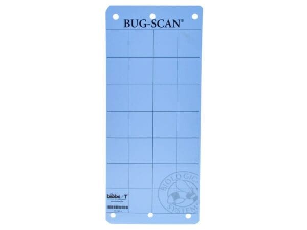 Blue sticky trap labeled "BUG-SCAN" with grid, holes for hanging, logo, and barcode.