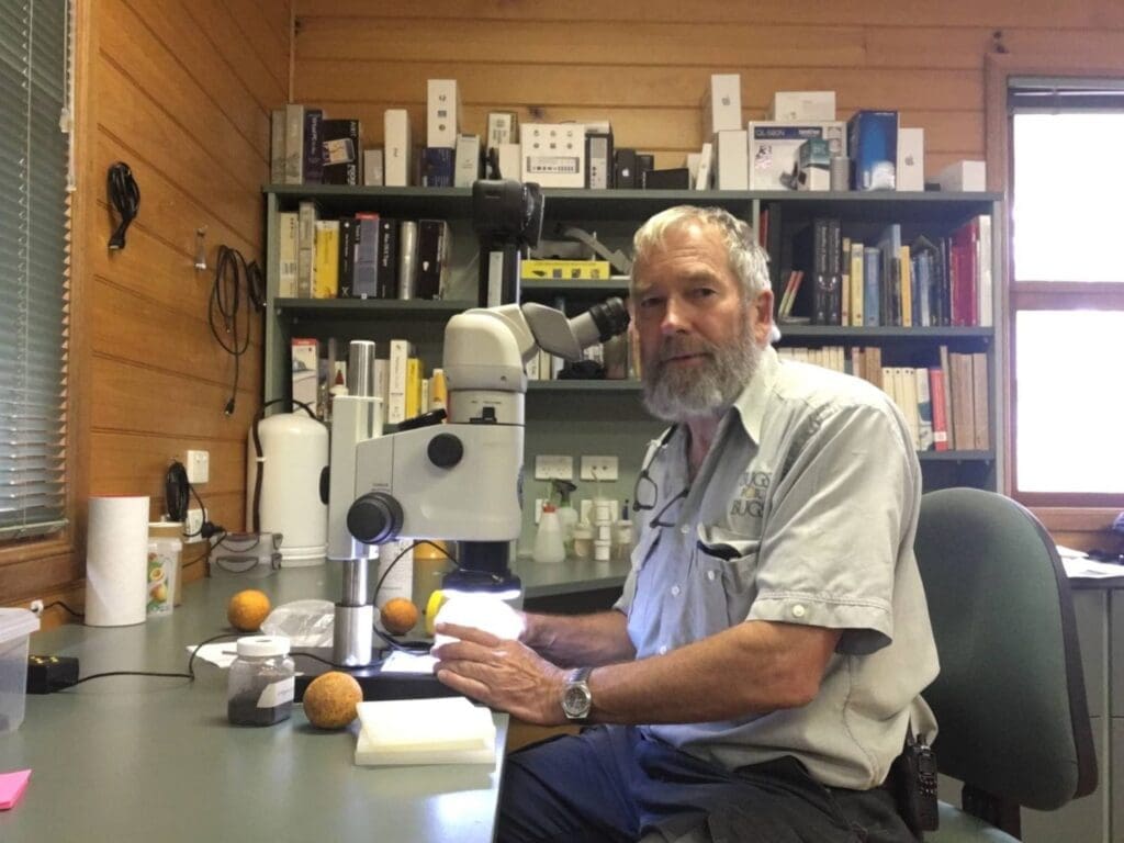 Man at desk in lab using microscope, bookshelves, oranges, and paper towels visible.