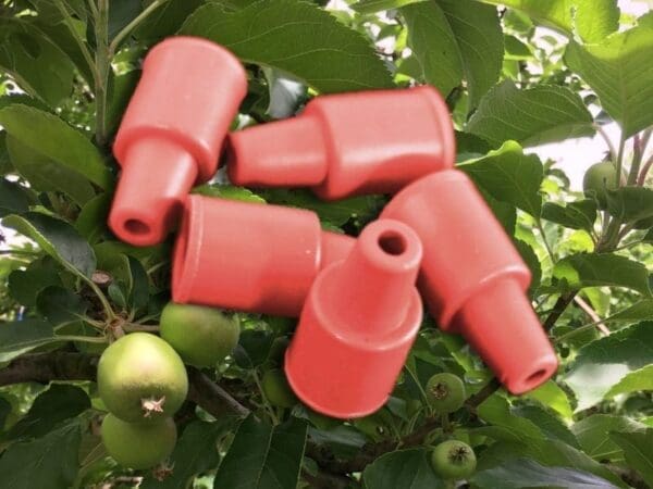 Red plastic nozzle caps over green apples and leaves on a tree.