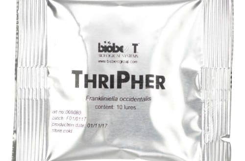 Silver foil labeled "ThriPher" with 10 lures for Frankliniella occidentalis, includes details.