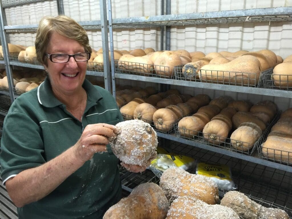 Woman in glasses holding squash in a storage area with shelves of squash.