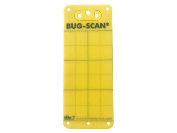 Yellow sticky trap labeled "BUG-SCAN" for insect monitoring; grid lines, mounting holes visible.