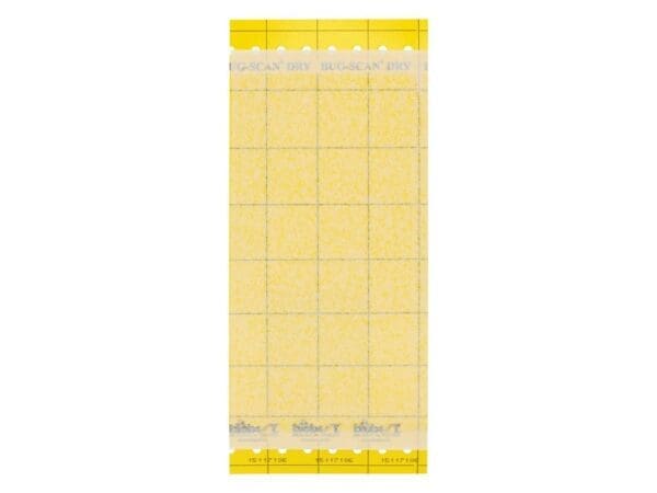 Yellow sticky trap labeled "BUG-SCAN DRY" with grid for insect monitoring.